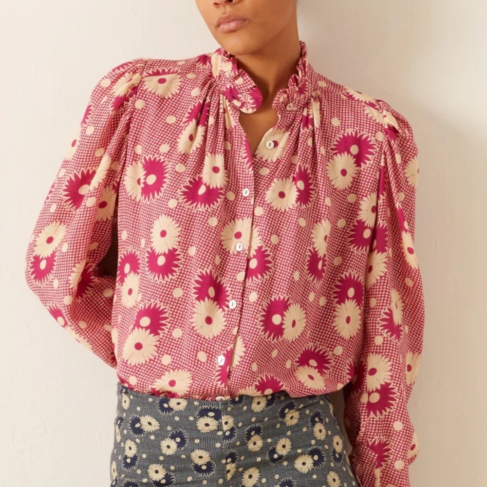 Alix of Bohemia Annabel Berry Daisy Shirt cotton wool pink fuchsia cream - Picture 1 of 15